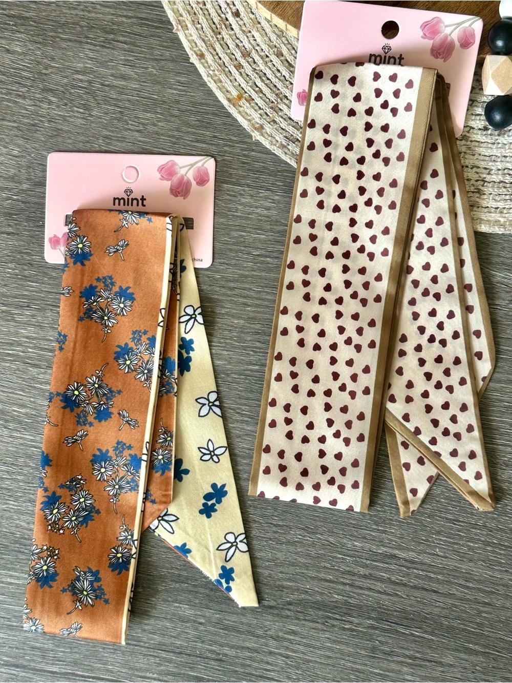 mint Twilly Scarf Set of 2 in Beige, Rust, Cream & Blue Floral NWT